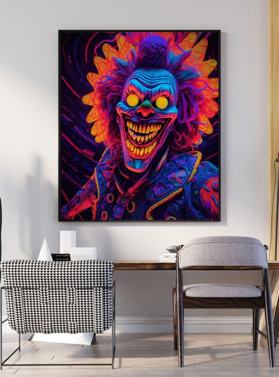 Psychedelic Creepy Carnival Clown Digital Art Print, AI Generated