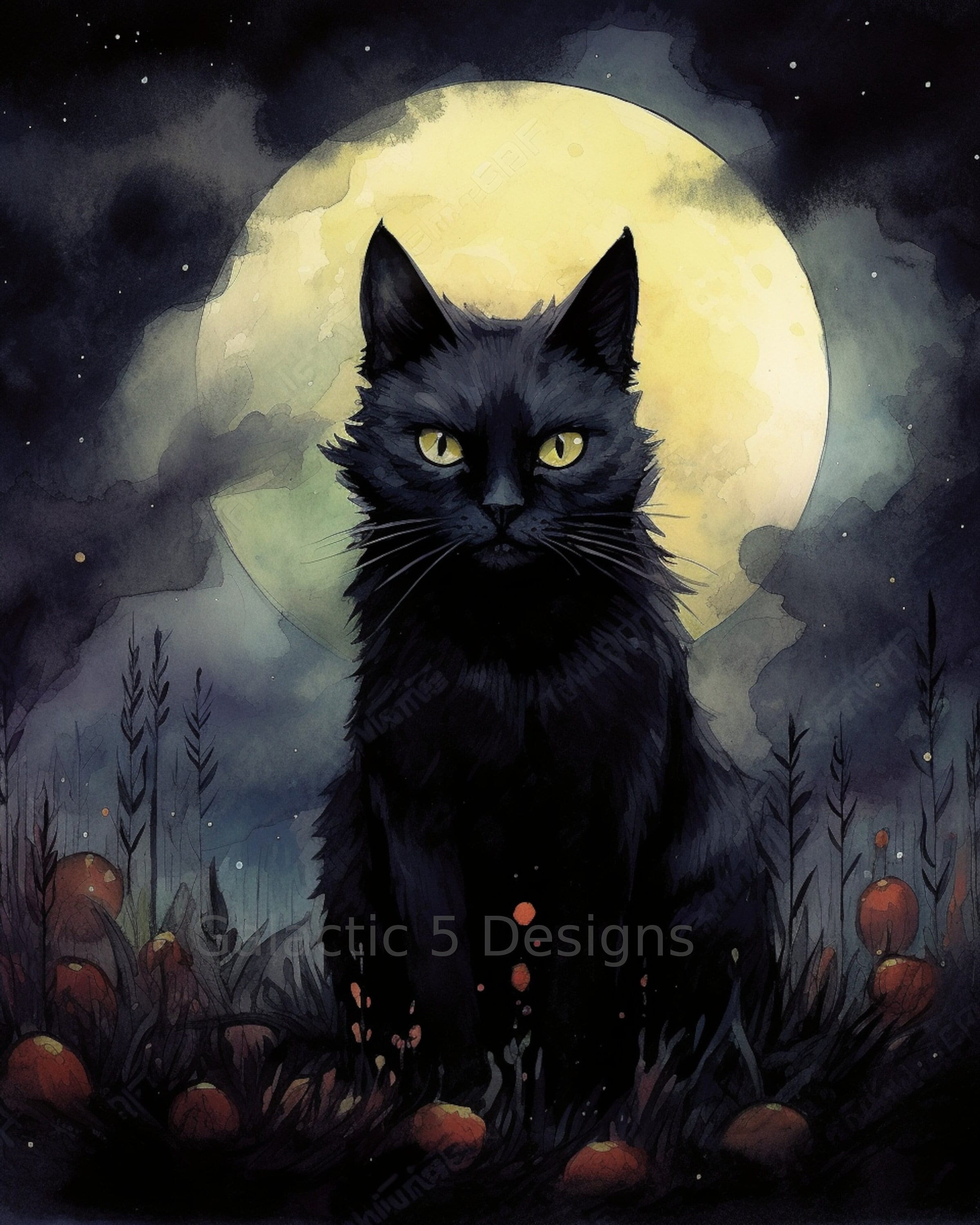 Black Cat Full Moon Watercolors Digital Art Print - AI Generated - Wall ...