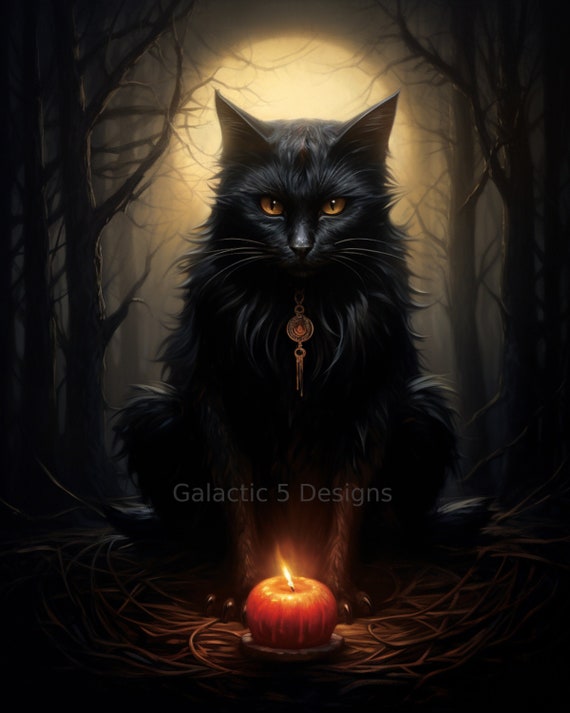 黒猫と月のアートプリント 黒猫満月デジタルアートプリント、AI生成、ウォールアート、AIアート