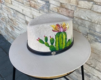 Hand Painted Hummingbird Straw Hat | Wide Brim Artisan Sun Hat Hand-painted Straw Cowboy Hat: Cherry Blossom Hummingbird  main image 4