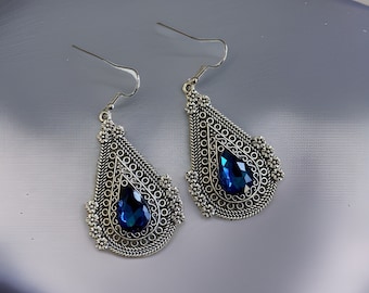 Blue Silver Plated Moroccan Boho Style Dangle Earrings Jewelry for Her