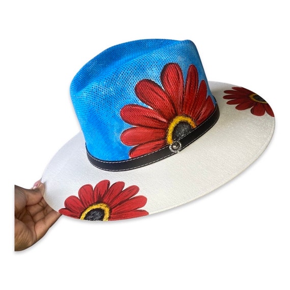 Flowered Hand Painted Boho Artisan Straw Hat Valentine display picture 1