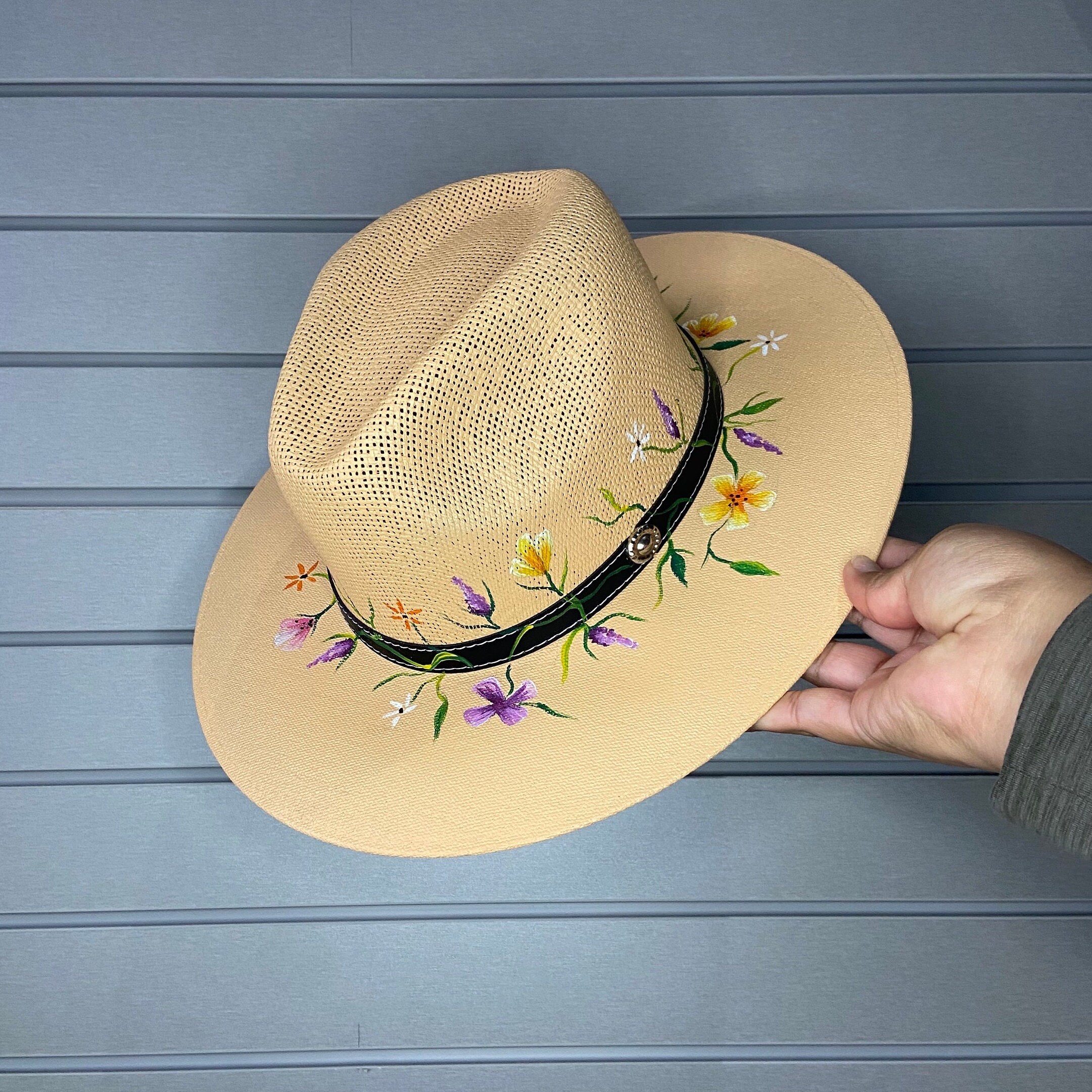 Flowered Hand Painted Boho Artisan Straw Hat Valentine display picture 1