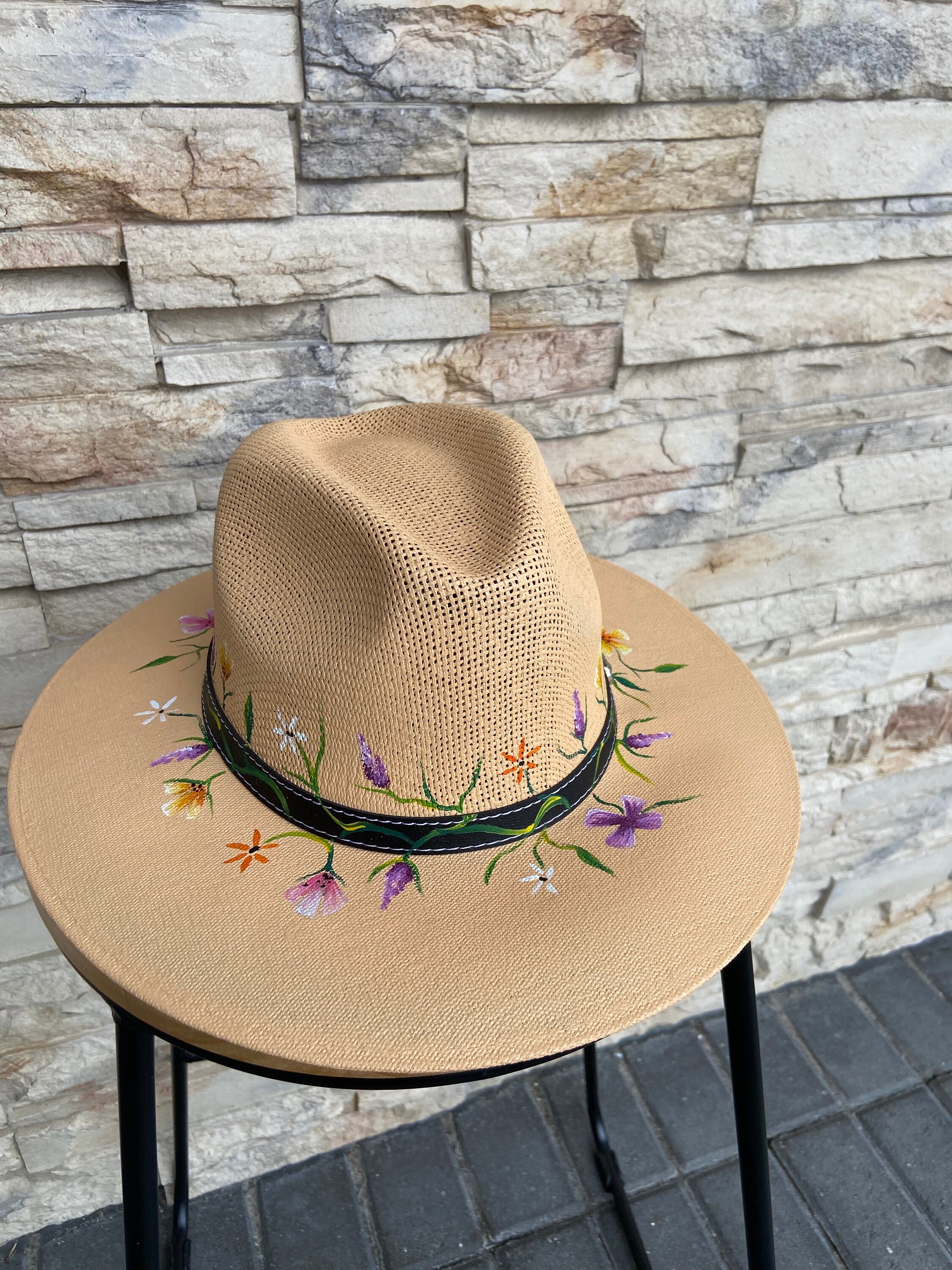 Flowered Hand Painted Boho Artisan Straw Hat Valentine display picture 3