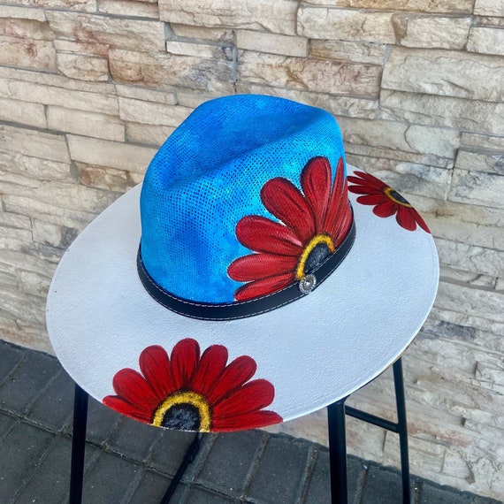 Flowered Hand Painted Boho Artisan Straw Hat Valentine