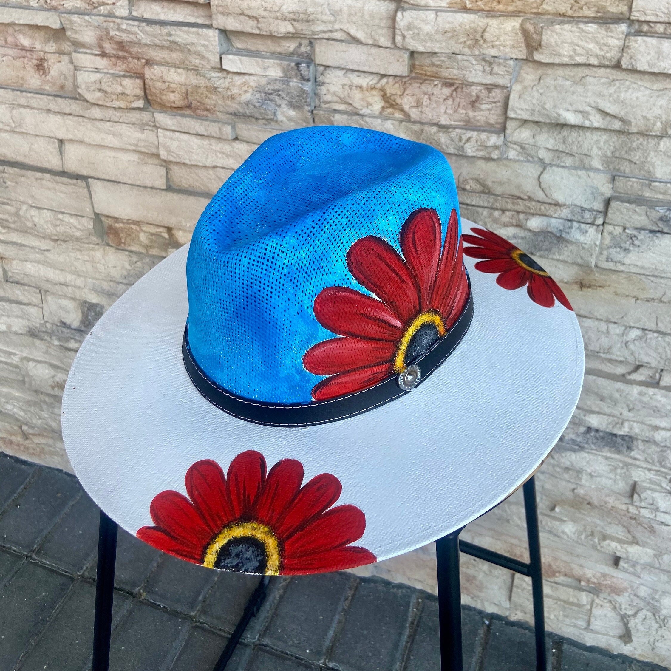 Flowered Hand Painted Boho Artisan Straw Hat Valentine display picture 2