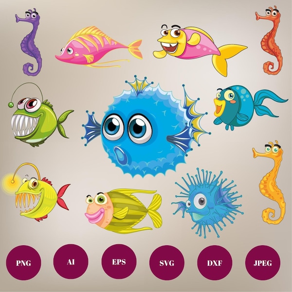 Cartoon fish svg, fish svg, sea clipart, fishing clipart, ocean clipart, colorful fish svg, fish png, tropical fish clipart, fish silhouette