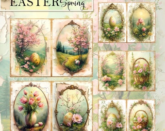 100 Pages for Easter Spring Theme Junk Journal, 50 Double Sheets, Big Bundle,  Digital paper A4, Rabbit, Chick, Eggs, Spring flowers