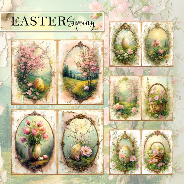100 Pages for Easter Spring Theme Junk Journal, 50 Double Sheets, Big Bundle,  Digital paper A4, Rabbit, Chick, Eggs, Spring flowers