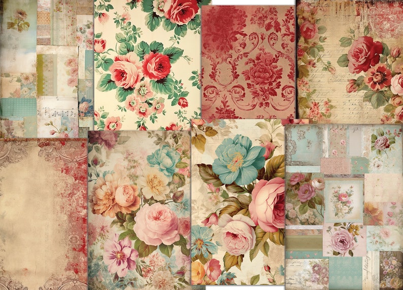 Big Bundle Shabby Journal, Digital paper A4, Junk Journal, Decoupage Papers, Scrapbook Paper in Floral Vintage Style, Commercial Use image 8