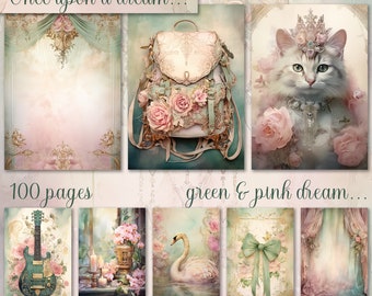 Big Bundle, Green Pink Junk Journal Paper, Digital Download, Watercolor, Mixed Media, Pattern, Carriage, Castle, Music, Others