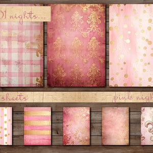 Pink Theme, 50 Sheets, Big Bundle Damask Pattern, Stripes, Dots, Fleur de lis, Distressed Texture, Checkered, Digital paper A4