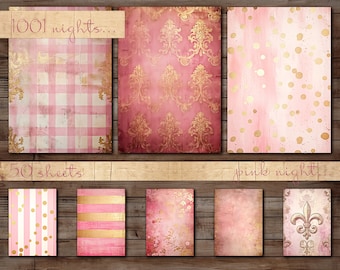 Tema rosa, 50 fogli, Motivo damascato Big Bundle, Strisce, Puntini, Fleur de lis, Texture invecchiata, Scacchi, Carta digitale A4