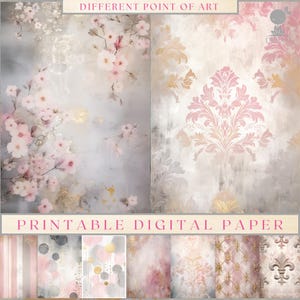 50 motifs doubles A4, 50 feuilles de motif damassé, rayures, points, textures vieillies, papier numérique A4, rose grise