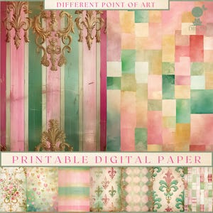 50 motifs doubles A4, 50 feuilles de motif damassé, rayures, points, textures vieillies, papier numérique A4, rose-vert
