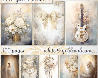 White and golden Theme, Big Bundle Shabby Chic Journal, Digital paper A4, Junk Journal, Decoupage Papers, Scrapbook Paper, Small Emphemera