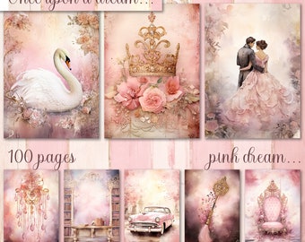 Big Bundle, Pink Junk Journal Paper, Digital Download, Watercolor, Mixed Media, Pattern, Carriage, Castle, Music, Others