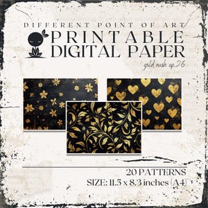 Printable Patterns in A4 size, black and golden colors for scrapbooking, junk journaling or other paper crafts
