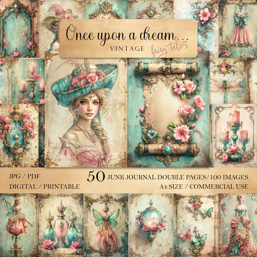 50 Double Pages Fairy Tale Junk Journal in Vintage Style, Turqoise and ...