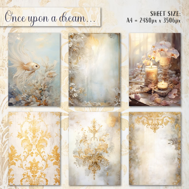 White and golden Theme, Big Bundle Shabby Chic Journal, Digital paper A4, Junk Journal, Decoupage Papers, Scrapbook Paper, Small Emphemera image 7