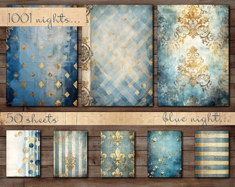 Carta blu stampabile, 50 fogli, Motivo damascato Big Bundle, Strisce, Punti, Fleur de lis, Texture invecchiata, A scacchi, Carta digitale A4