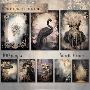 Big Bundle, Black Junk Journal Paper, Digital Download, Watercolor, Mixed Media, Flowers, Princess, Swan, Music, Dark