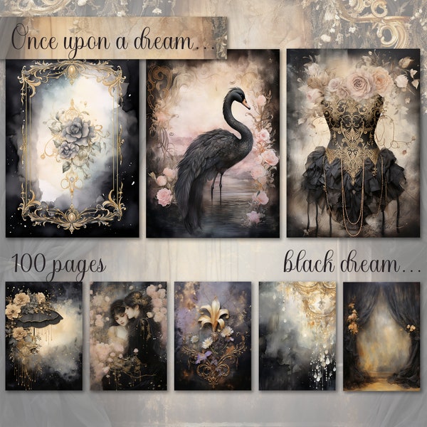 Big Bundle, Black Junk Journal Paper, Digital Download, Watercolor, Mixed Media, Flowers, Princess, Swan, Music, Dark