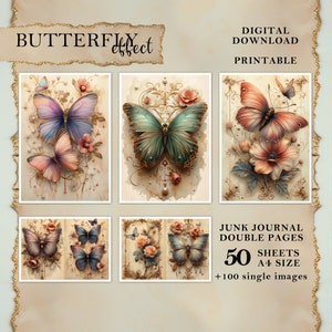 100 Pages + 50 Double Sheets, Butterfly Printable Pages for Junk Journal, Big Bundle, Digital paper A4, Vintage Butterflies