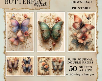 100 Pages + 50 Double Sheets, Butterfly Printable Pages for Junk Journal, Big Bundle, Digital paper A4, Vintage Butterflies