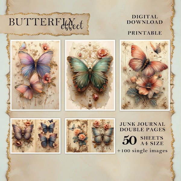 100 Pages + 50 Double Sheets, Butterfly Printable Pages for Junk Journal, Big Bundle, Digital paper A4, Vintage Butterflies