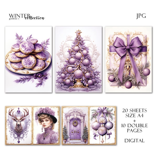 Collezione invernale, carta per diario spazzatura viola dorato, download digitale, acquerello, tecnica mista, inverno, pupazzo di neve, Babbo Natale