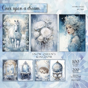 Big Bundle, 100 double pages, Snow Queen's Kingdom, Junk Journal Paper, Digital Download, Watercolor, Mixed Media, Winter Wonderland