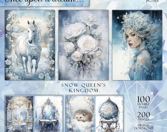 Big Bundle, 100 double pages, Snow Queen's Kingdom, Junk Journal Paper, Digital Download, Watercolor, Mixed Media, Winter Wonderland