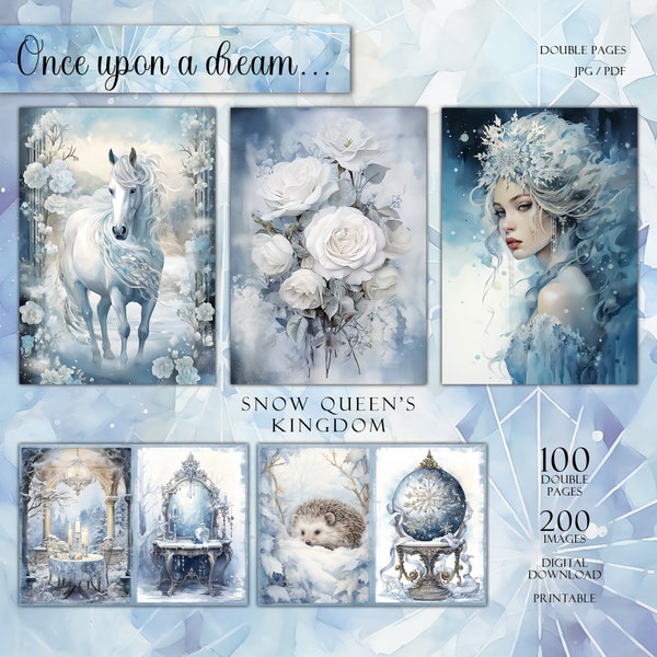 Pacchetto grande, 100 pagine doppie, Snow Queen's Kingdom, Junk Journal Paper, Download digitale, Acquerello, Tecnica mista, Winter Wonderland