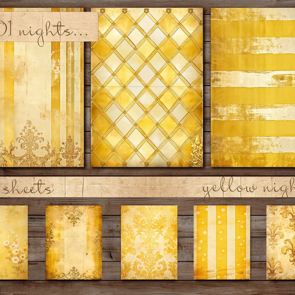 Big Bundle, 50 Yellow Junk Journal Paper, Descarga digital, Acuarela, Patrón de damasco, Textura apenada, Rayas, Puntos, Adornos