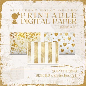 Printable Patterns in A4 size, white and golden colors for scrapbooking, junk journaling or other paper crafts