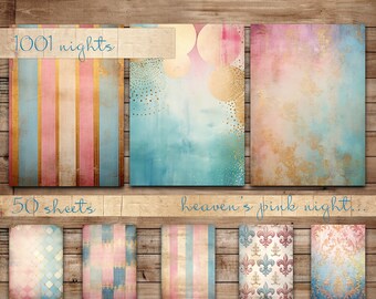 Druckvorlage Blau Rosa Ton, 50 Blatt, Big Bundle Damast Muster, Streifen, Punkte, Fleur de Lis, Distressed Textur, Kariert, Digitales Papier A4