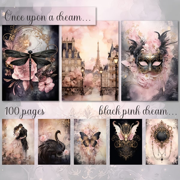 Big Bundle, Black Pink Junk Journal Paper, Digital Download, Watercolor, Mixed Media, Flowers, Princess, Swan, Music, Dark