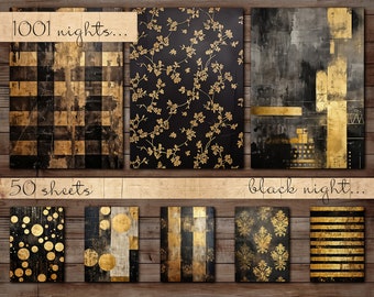 Thème noir, 50 feuilles, motif damassé Big Bundle, rayures, points, fleur de lys, texture vieillie, à carreaux, papier numérique A4