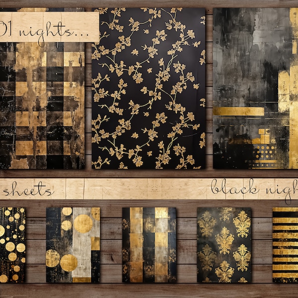 Black Theme, 50 Sheets, Big Bundle Damask Pattern, Stripes, Dots, Fleur de lis, Distressed Texture, Checkered, Digital paper A4