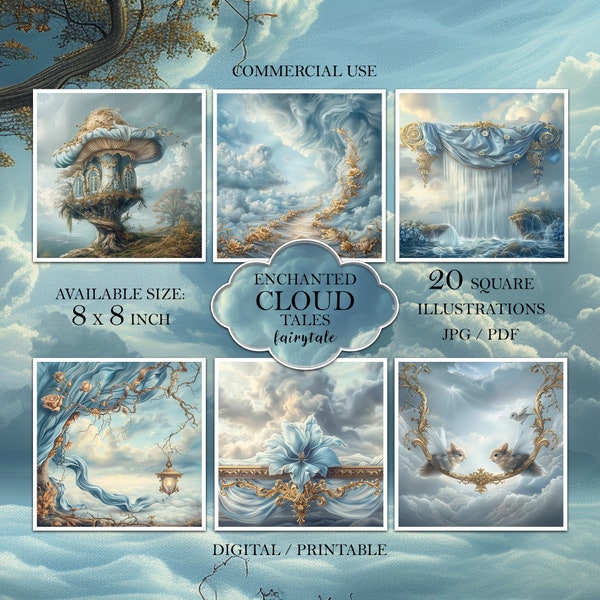 20 square 8x8 inches illustrations for Junk journal, Fairytale, Enchanted, Cloud Tales, Blue pages, Digital Download, Printable Paper