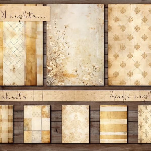 Beige Theme, 50 Blatt, Big Bundle Damast-Muster, Streifen, Punkte, Fleur de Lis, abgenutzte Textur, kariert, Digitales Papier A4