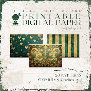 Printable Patterns in A4 size, green and golden colors for scrapbooking, junk journaling or other paper crafts