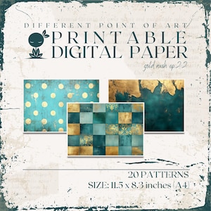 Printable Patterns in A4 size, turqoise and golden colors for scrapbooking, junk journaling or other paper crafts