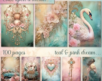 Big Bundle, Teal PInk Junk Journal Paper, Digital Download, Watercolor, Mixed Media, Flowers, Princess, Swan, Music, Others