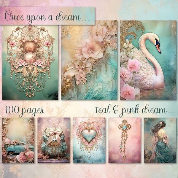 Big Bundle, Teal PInk Junk Journal Paper, Digital Download, Watercolor, Mixed Media, Flowers, Princess, Swan, Music, Others