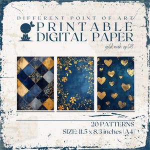 Printable Patterns in A4 size, blue and golden colors for scrapbooking, junk journaling or other paper crafts