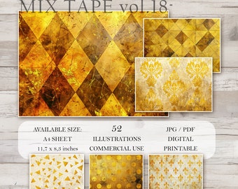 Yellow golden Theme, 52 Sheets, Big Bundle Damask Pattern, Stripes, Dots, Fleur de lis, Distressed Texture, Checkered, Digital paper A4