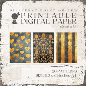 Printable Patterns in A4 size, gray and golden colors for scrapbooking, junk journaling or other paper crafts