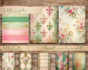 Druckbares Papier Grün Pink Thema, 50 Blatt, Big Bundle Hintergründe, Digitales Papier A4, Damast, Distressed Textur, Streifen, Punkte, Abstrakt